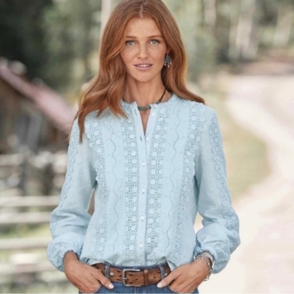Sundance Tops - Sundance Mirabell Blue Lace Ruffle Collar Button
Up Blouse